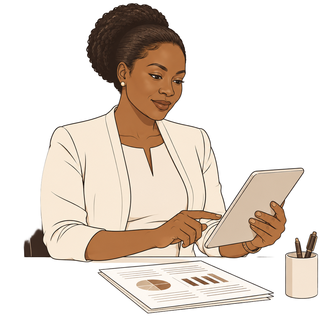 School administrator reviewing financial records on a tablet